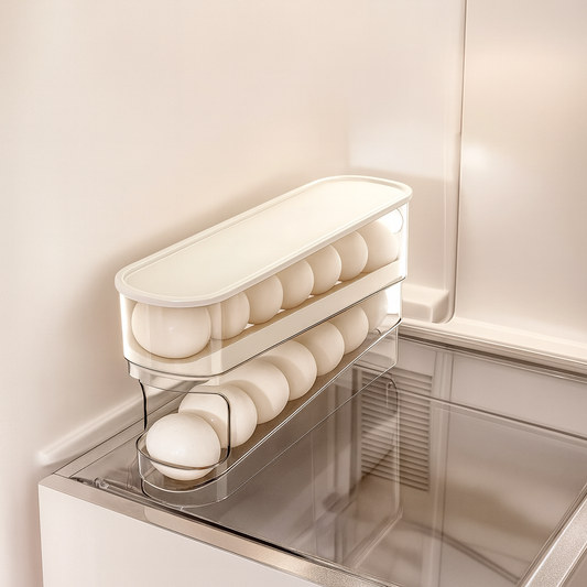 Dispensador y Organizador de Huevos, Compacto para Almacenamiento Eficiente de Alimentos en el Refrigerador, Forma Rectangular.