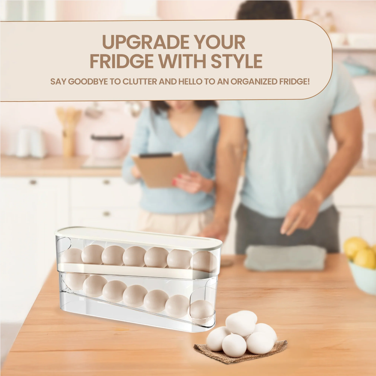 Dispensador y Organizador de Huevos, Compacto para Almacenamiento Eficiente de Alimentos en el Refrigerador, Forma Rectangular.