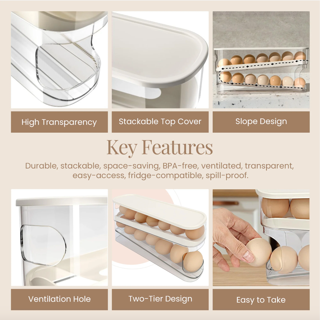 Dispensador y Organizador de Huevos, Compacto para Almacenamiento Eficiente de Alimentos en el Refrigerador, Forma Rectangular.